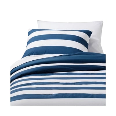 A blue and white striped duvet cover.