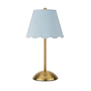 Table lamp with a gold base, straight gold stem, and a light blue lampshade featuring a scalloped edge—an elegant addition to any space and perfect for those who appreciate stylish amazon gadgets.