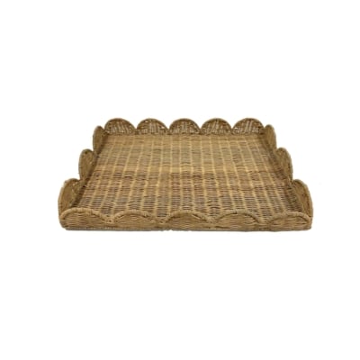 A rattan tray with scalloped edges inspired by the Serena and Lily look for less.