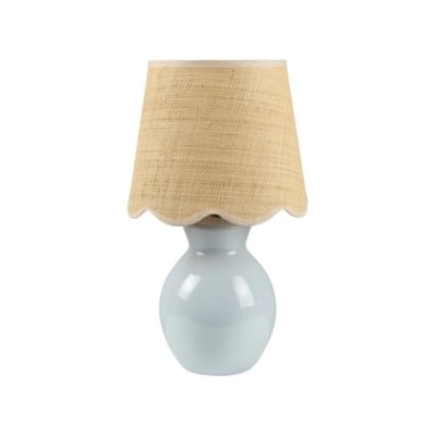 A light blue table lamp with a beige shade, perfect as serena and lily dupes.