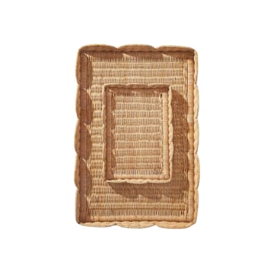A rectangular wicker tray on a white background, giving off a Serena and Lily look for less.