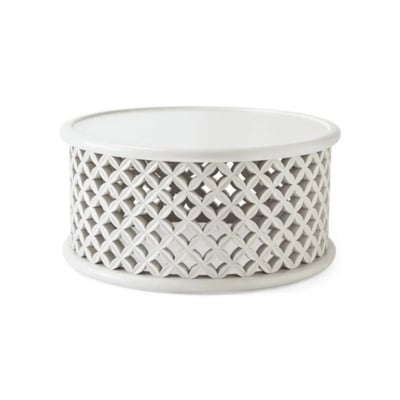 Get the Serena and Lily look for less with this white coffee table featuring a lattice design.