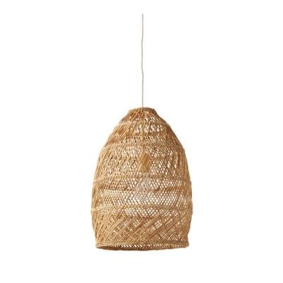A serena and lily look for less, this rattan hanging light features a brown shade.