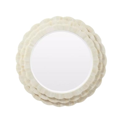 This round mirror features elegant white shells, capturing the essence of a Serena and Lily look for less.