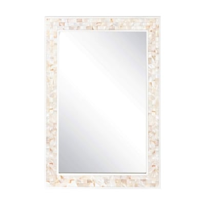 A mother of pearl mirror on a white background, inspired by the Serena and Lily look for less.
