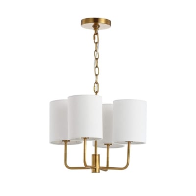 Get the Serena and Lily look for less with this three-light brass chandelier featuring white shades.