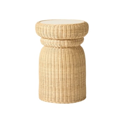 Get the Serena and Lily look for less with this rattan side table on a white background.