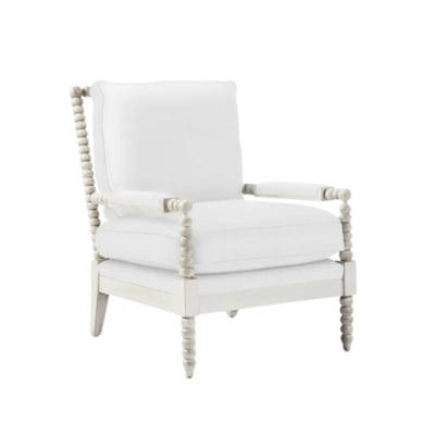 A white chair with a wooden frame that captures the Serena and Lily look for less.