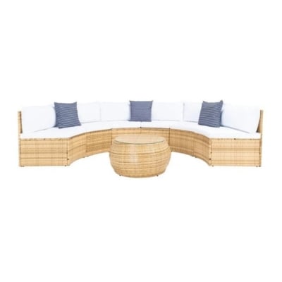 Get the Serena and Lily look for less with this rattan sectional featuring white cushions and a coffee table.
