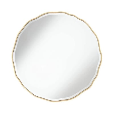 A gold rimmed mirror inspired by the Serena and Lily look for less, set against a white background.