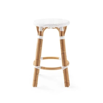 Get the Serena and Lily look for less with this white rattan bar stool on a white background.