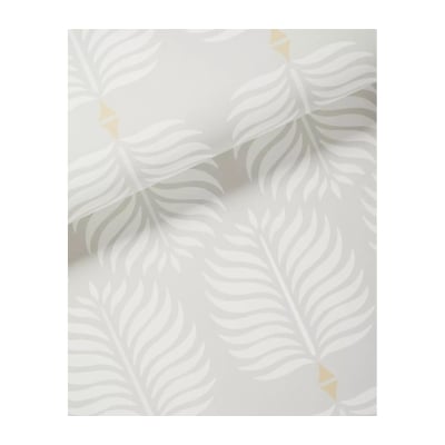 A white and gold wallpaper adorned with palm leaves, reminiscent of Serena and Lily.