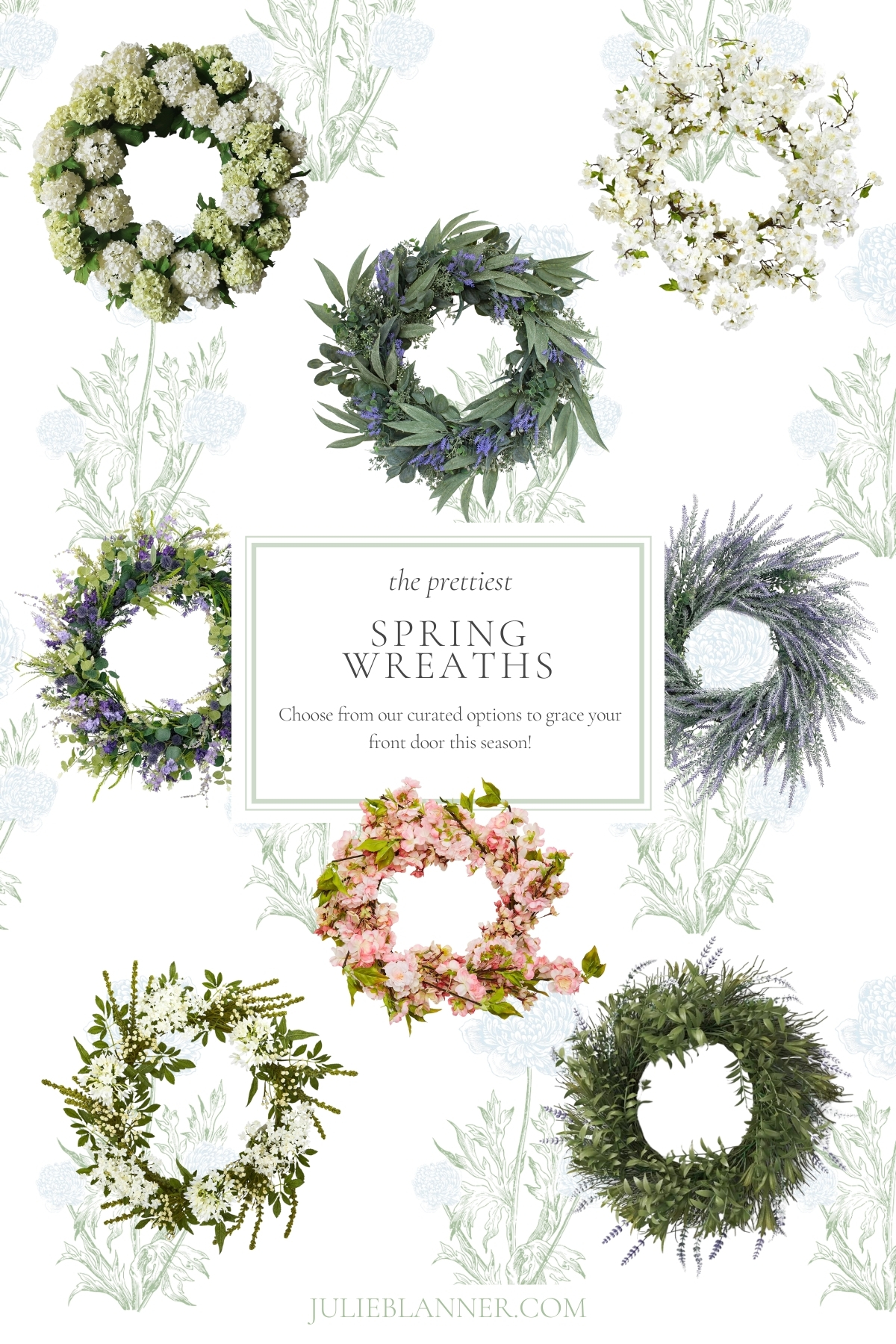 A collection of spring wreaths on a clean white background.
