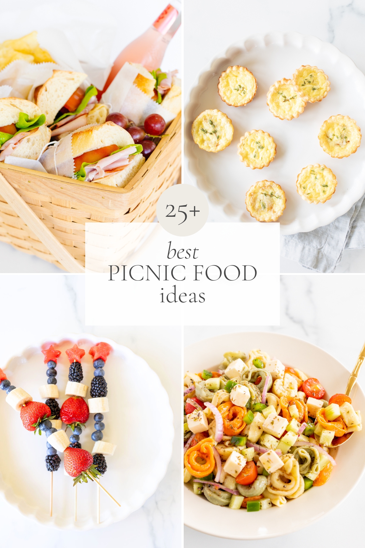A collage showcasing the best picnic food ideas, including a basket with sandwiches and fruits, deviled eggs, fruit skewers, and a pasta salad.