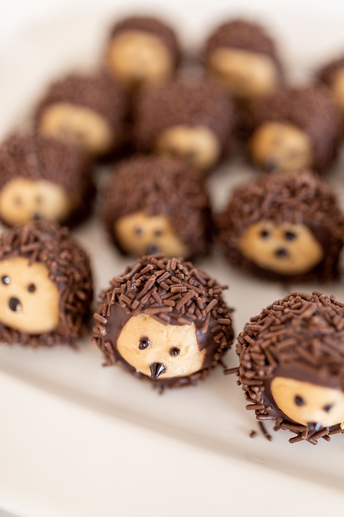 A group of peanut butter chocolate hedgehogs on a plate.