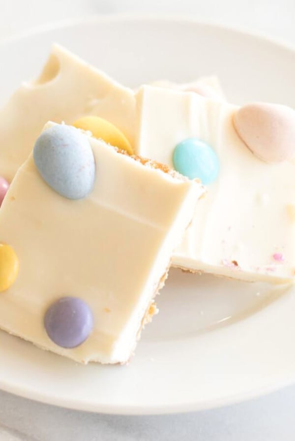 An easy Easter dessert idea of Easter toffee decorated with candy eggs