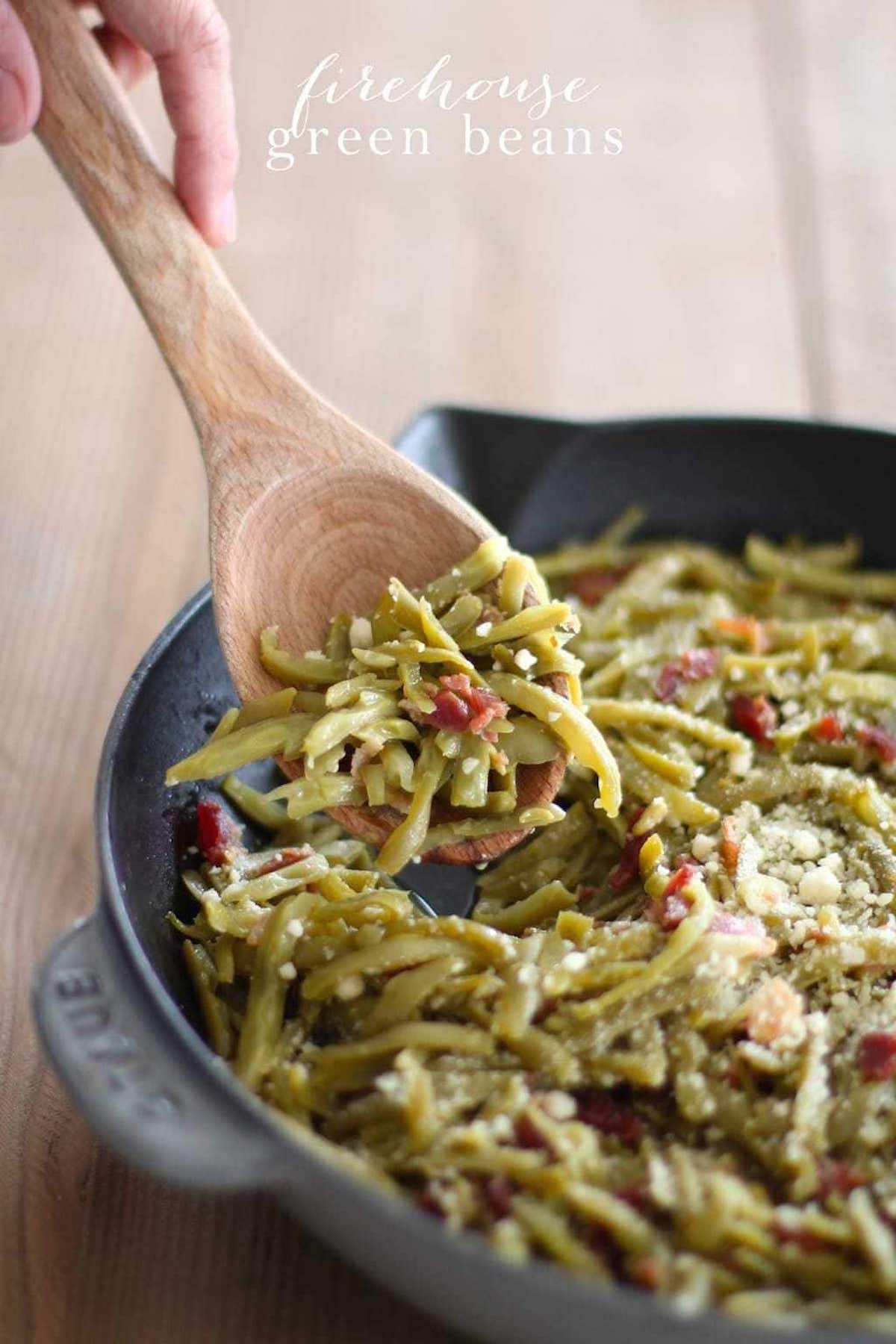 firehouse green beans with bacon in a black skillet
