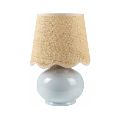 A round, glossy white ceramic lamp with a beige woven lampshade featuring a scalloped edge—perfect for adding charming scalloped decor to any space.