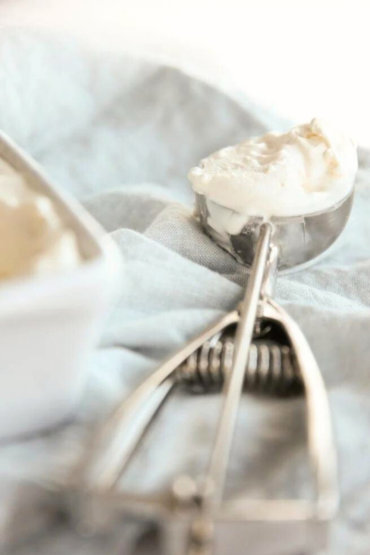 Homemade vanilla ice cream in a bowl with a spoon.