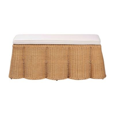 Rectangular wicker bench with scalloped decor and a white cushioned top, featuring a scalloped skirt, shown against a plain white background.