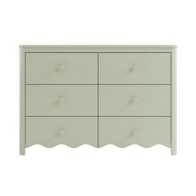 Light green dresser with six drawers and round knobs, featuring a wavy, scalloped decor design along the bottom edge.