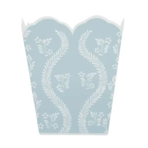 Light blue paper popcorn box with white floral and vine pattern, finished with scalloped decor along the top edge.