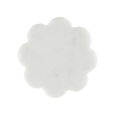 A white, scalloped flower-shaped coaster on a white background.