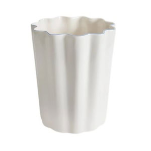 White ceramic vase with a wavy, scalloped rim and vertical fluted sides, perfect for adding elegant scalloped decor to any space, set against a plain background.