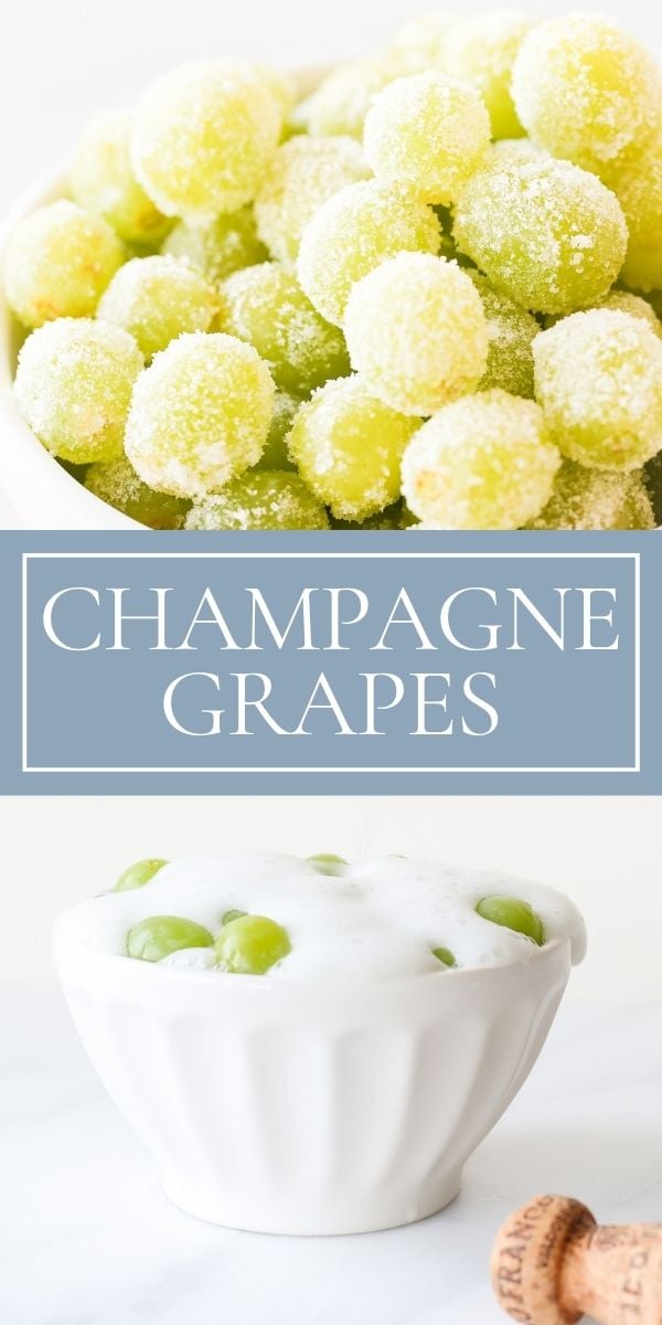 A collage of images featuring boozy champagne grapes in a bowl at the top and a bowl with some grapes and cream at the bottom, labeled 'champagne grapes'.