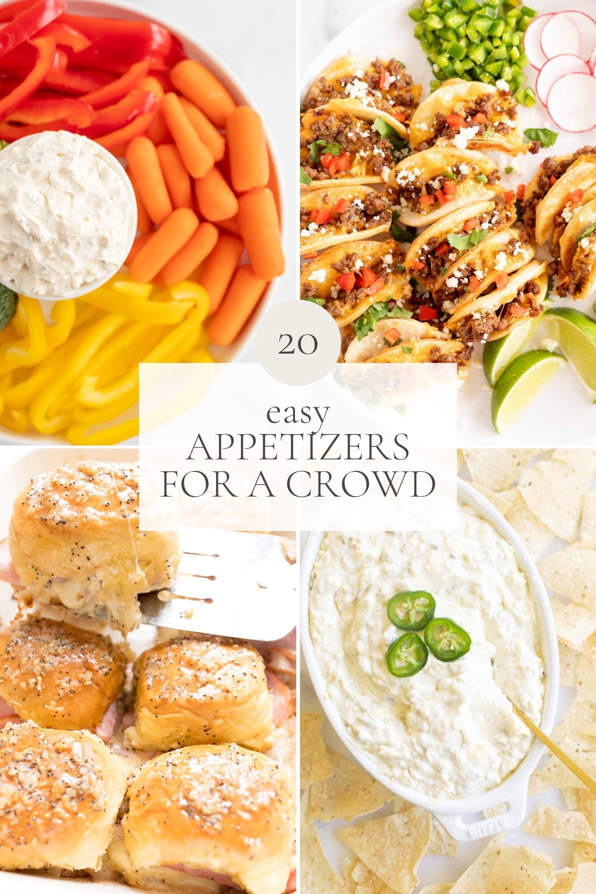 A graphic featuring four different images of easy appetizers for a crowd. Title reads "20 Easy Appetizers for a Crowd"