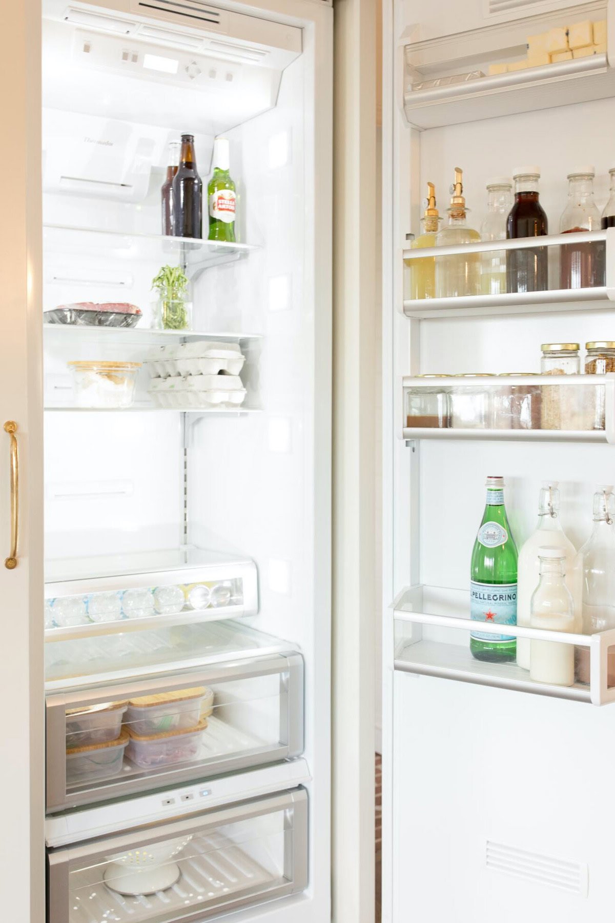 The inside of an organized refrigerator. 