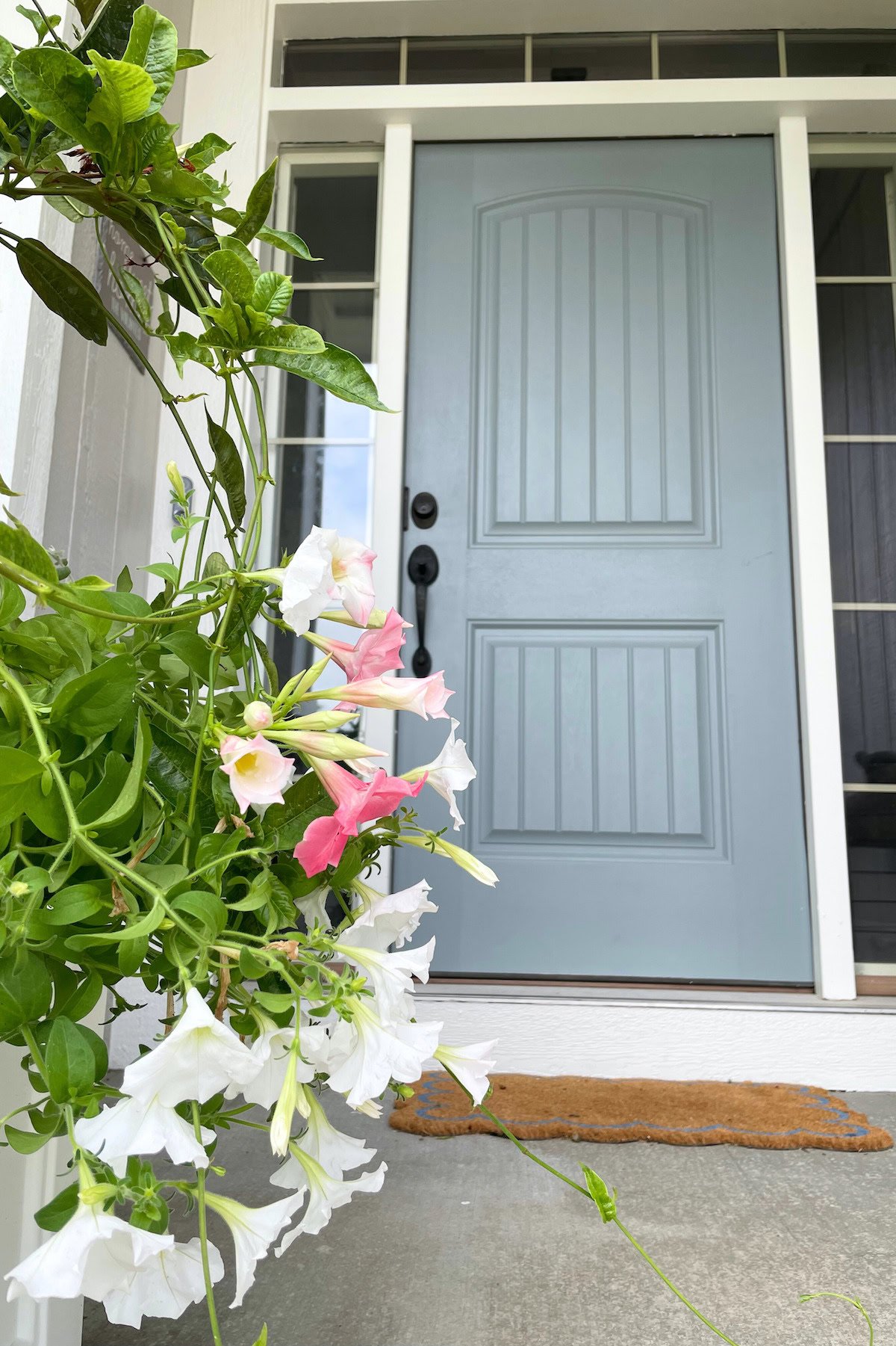 A light blue front door, painted in Benjamin Moore Brewster Gray, is framed by white and pink flowers on green vines. The door is set within a wooden porch, and a brown doormat lies in front of it.