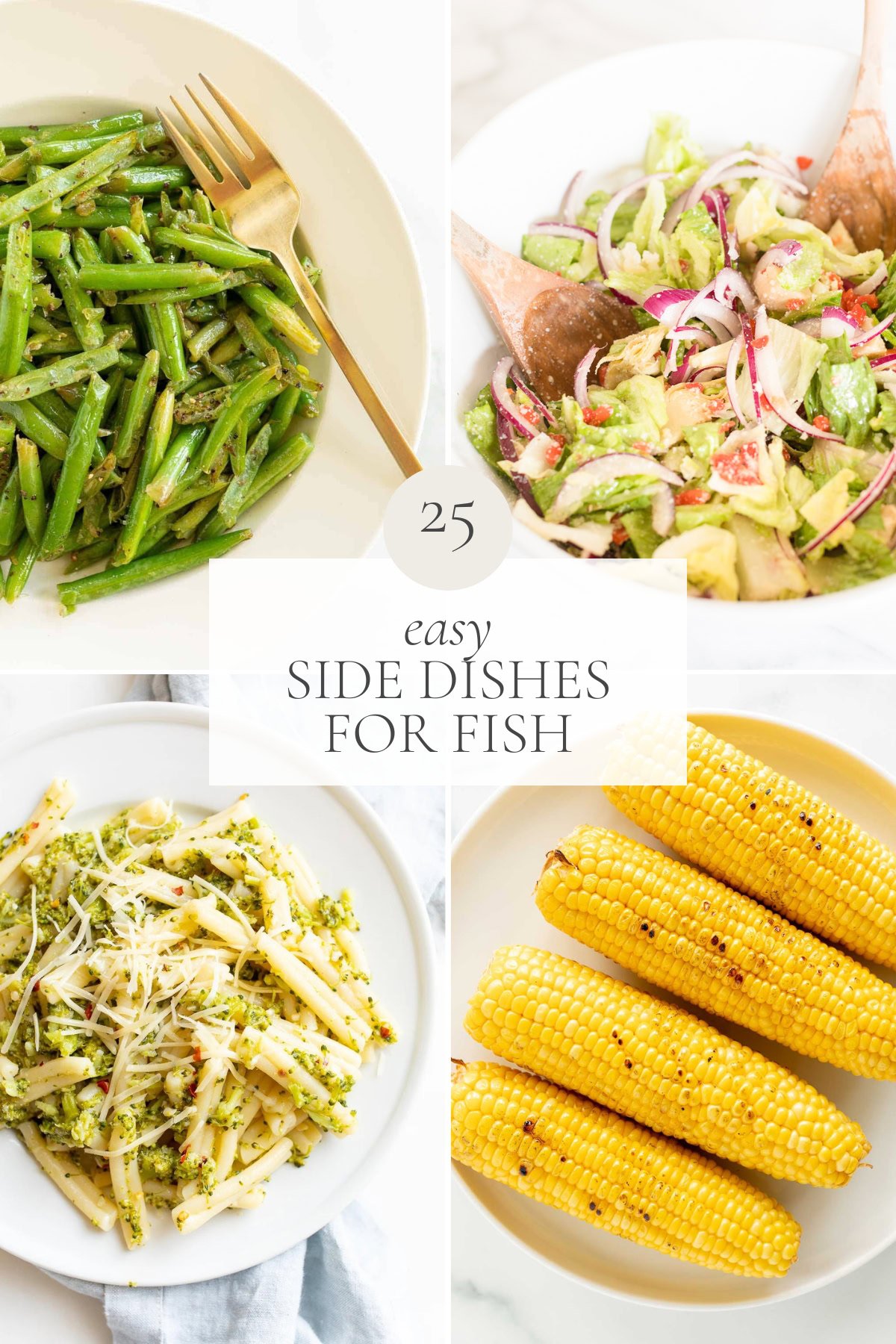 A collage of 4 different recipes that are side dishes for fish. 