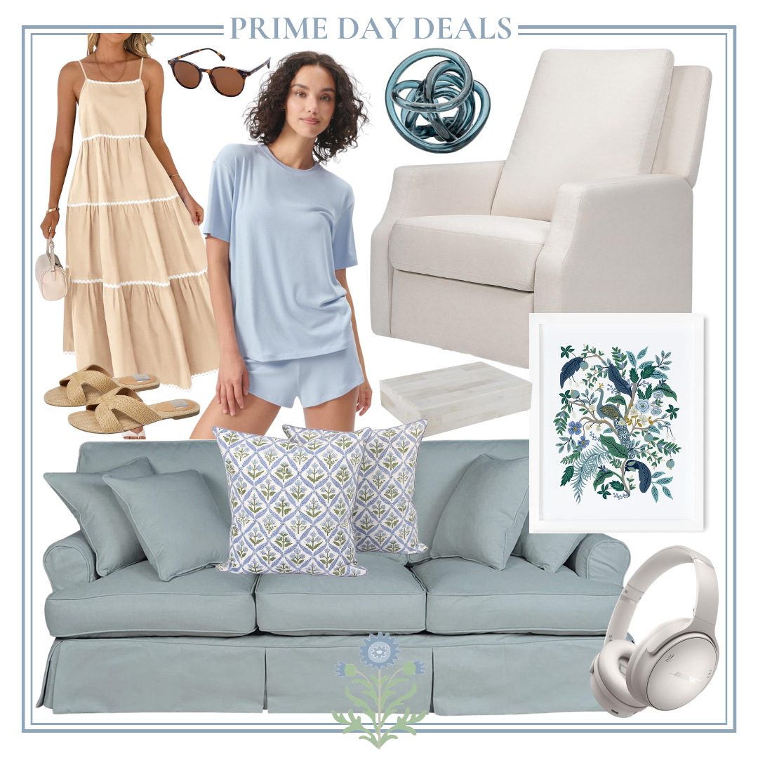 Collage of Prime Day Deals featuring a dress, pajamas, chair, sandals, ring, couch, decorative pillows, art print, and headphones.