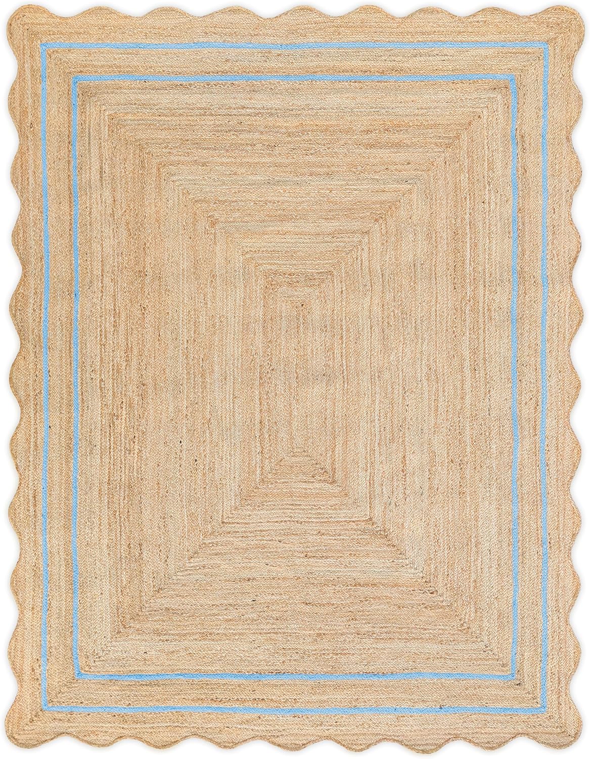 A square, beige woven rug with light blue borders and scalloped edges, perfect for snagging during Prime Day.