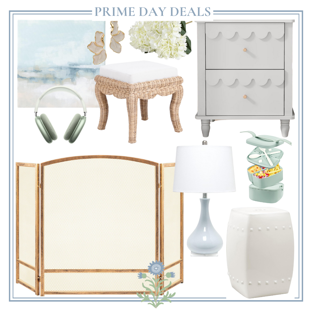 A collage of items labeled "Prime Day Deals" featuring headphones, art, floral decor, a white ottoman, bedside table, room divider, lamp, plant stand, and white ceramic stool.