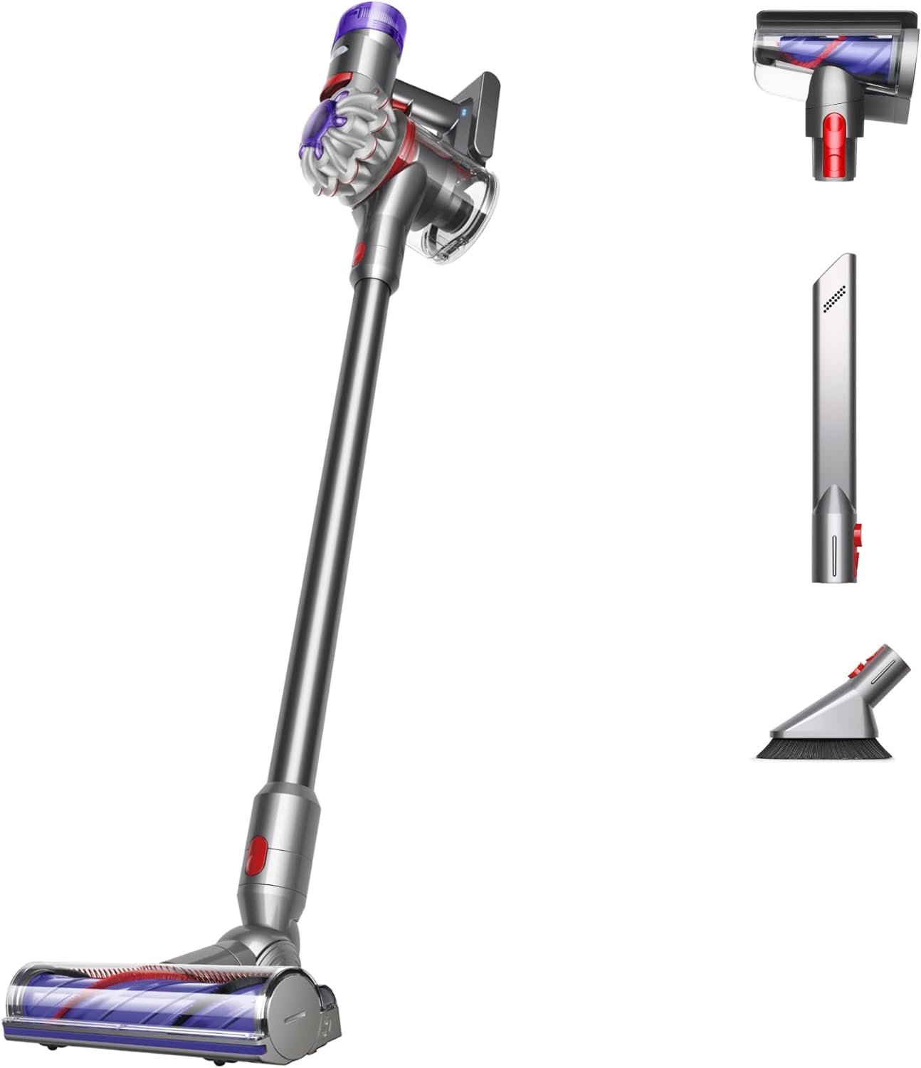 Discover the ultimate cordless vacuum cleaner, showcased this Prime Day, with detachable parts and additional cleaning attachments thoughtfully displayed on the side.