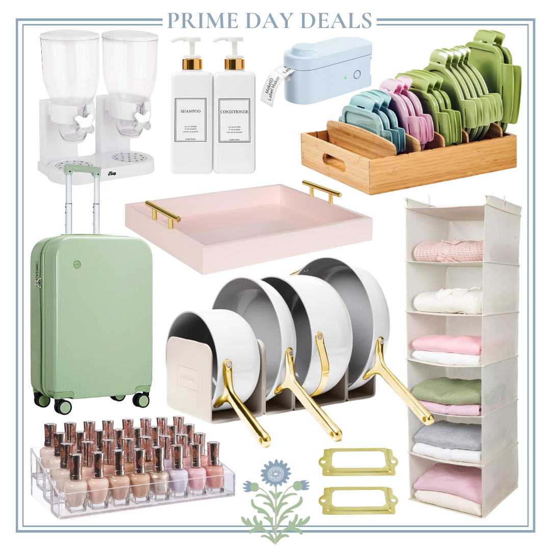A collection of various home and travel items advertised for Prime Day deals, including a suitcase, storage organizers, cookware, toiletries, nail polish, and household gadgets.