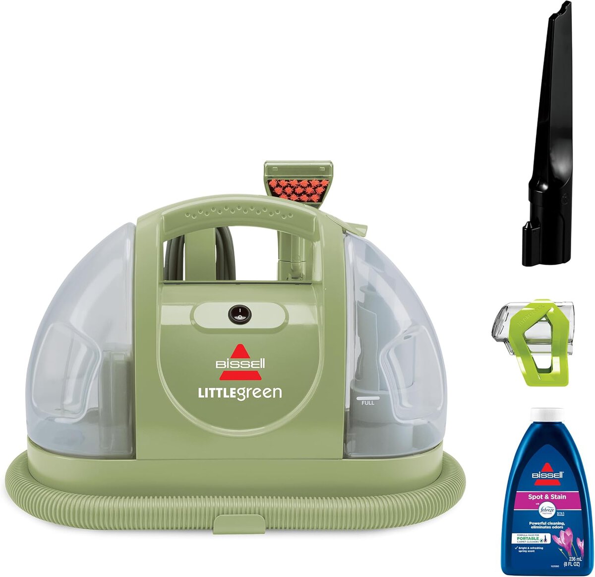 A Bissell Little Green multi-purpose cleaner with a bottle of detergent, a nozzle, and an attachment on display—perfect for snagging on Prime Day.