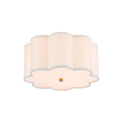 A scalloped, white flush mount ceiling light with a modern design and a central brass accent offers a chic look reminiscent of Pottery Barn for less.