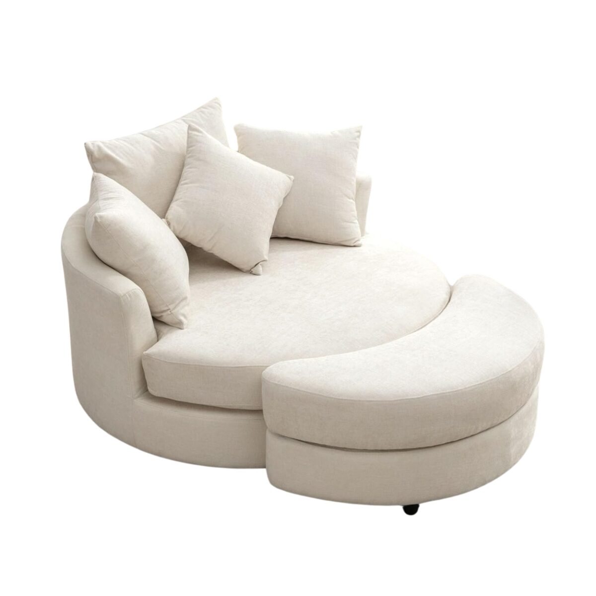 This round beige sofa, exuding a Pottery Barn look for less, features a curved backrest, two large seat cushions, and three throw pillows, complemented by an attached semicircular ottoman.