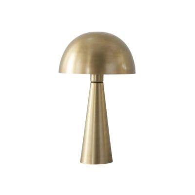 A brass table lamp with a dome-shaped shade and conical base offers a stylish, pottery barn look for less.