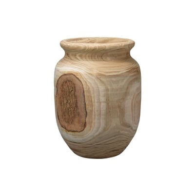 A handcrafted, light brown wooden vase with natural grain patterns and a distinctive dark knot on one side, offering you that coveted Pottery Barn look for less.