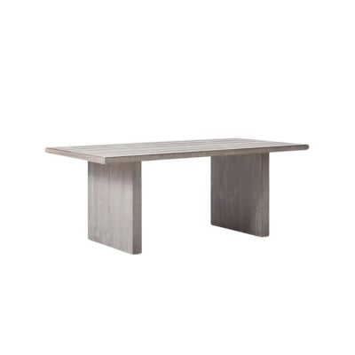 A rectangular wooden table with a grey finish featuring two wide, flat legs offers a classic design with a pottery barn look for less.