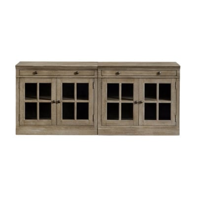A wooden sideboard with two drawers on top and four glass-paneled cabinet doors on the bottom offers a classic, chic design that captures the Pottery Barn look for less.