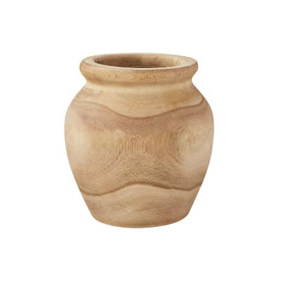 A small, light wood vase with a rounded shape and wide neck opening, offering a chic pottery barn look for less.