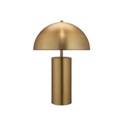 Gold-colored table lamp with a dome-shaped shade and a cylindrical base on a white background, offering that desirable Pottery Barn look for less.