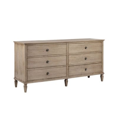 A wooden dresser with six drawers, featuring metal round knobs and tapered legs, offering a pottery barn look for less.