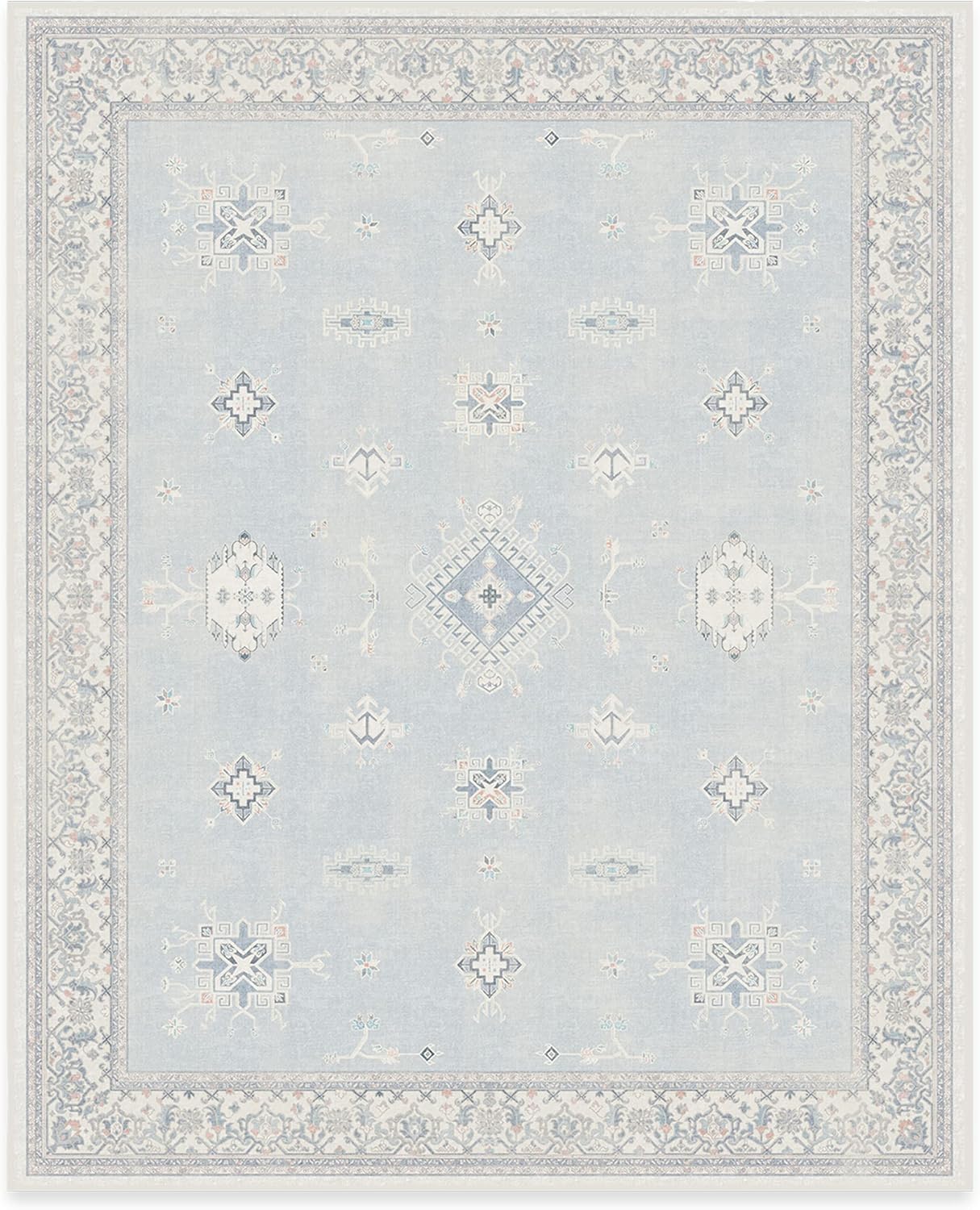 This light blue area rug, available on Prime Day, showcases a central geometric medallion surrounded by symmetrical patterns and a detailed border with floral motifs.