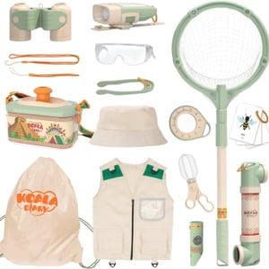 Discover the ultimate nature exploration kit for children, perfect for Prime Day. It includes binoculars, a net, magnifying glass, compass, hat, vest, jar, whistle, flashlight, and a convenient drawstring bag.